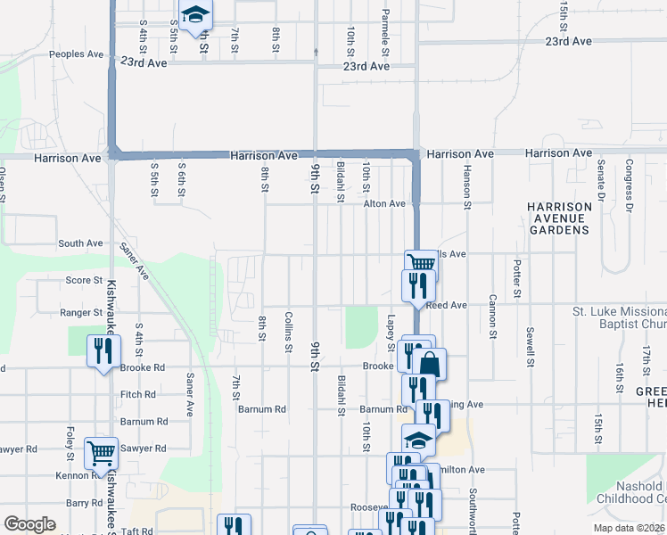 map of restaurants, bars, coffee shops, grocery stores, and more near 2805 Bildahl Street in Rockford