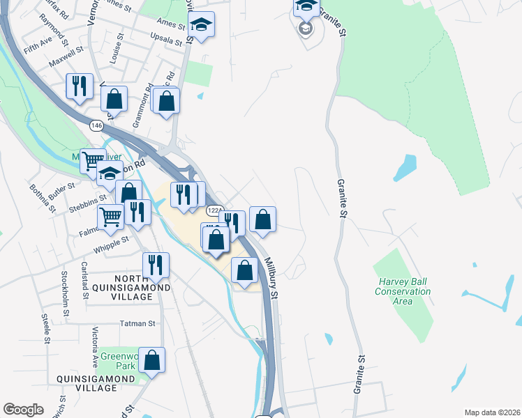 map of restaurants, bars, coffee shops, grocery stores, and more near 48 Gibbs Street in Worcester