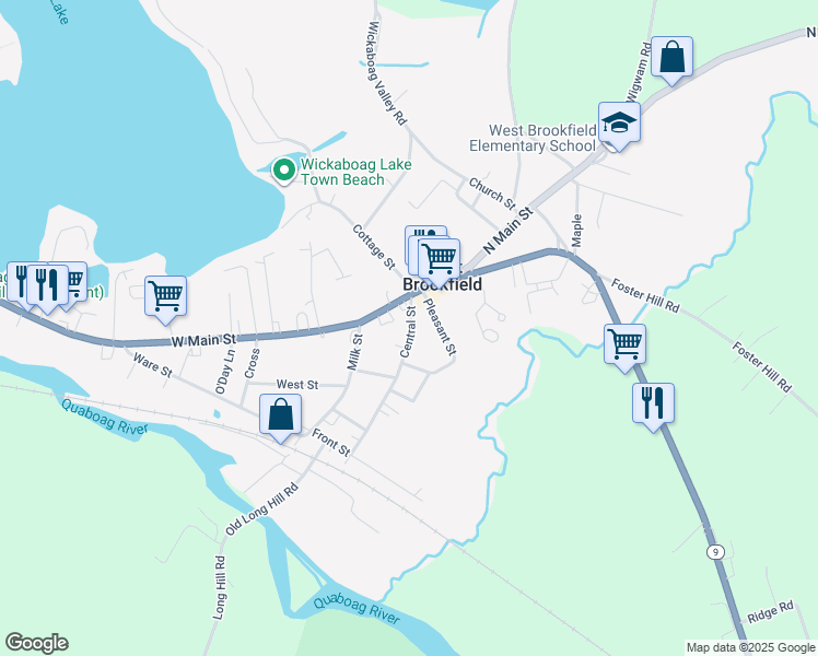 map of restaurants, bars, coffee shops, grocery stores, and more near 15 Central Street in West Brookfield