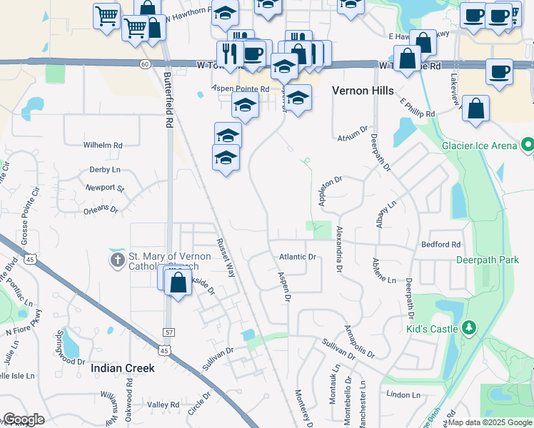 map of restaurants, bars, coffee shops, grocery stores, and more near 441 North Aspen Drive in Vernon Hills