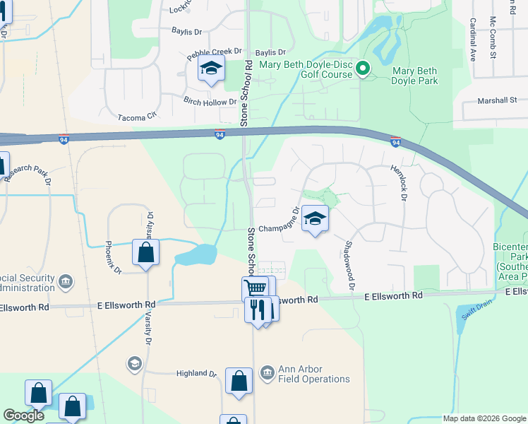 map of restaurants, bars, coffee shops, grocery stores, and more near 2102 Stone School Circle in Ann Arbor