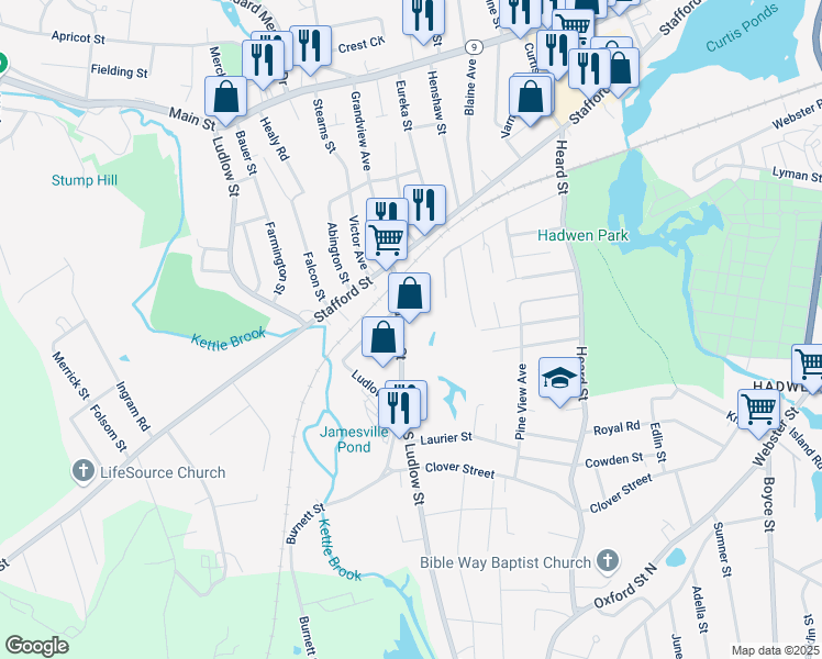 map of restaurants, bars, coffee shops, grocery stores, and more near 49 James Street in Worcester