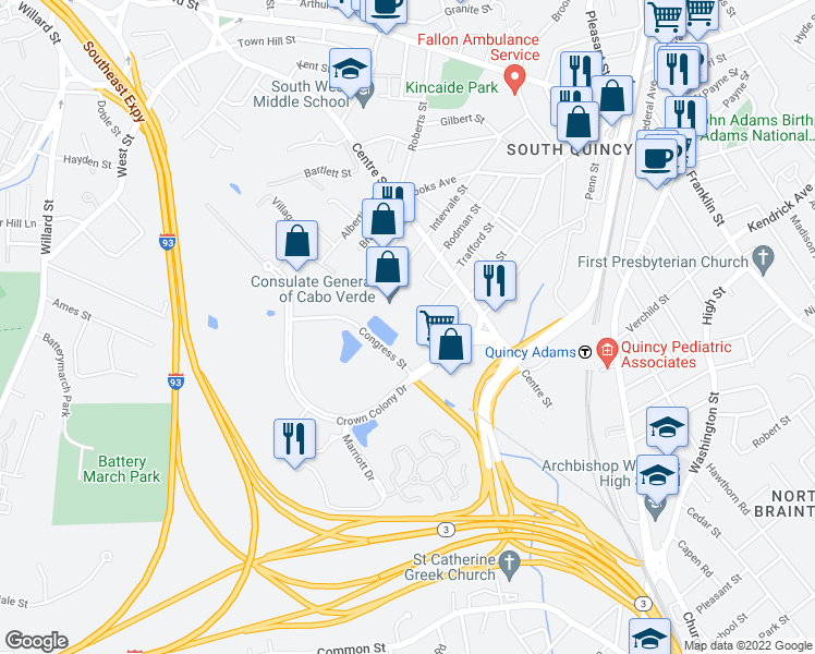 map of restaurants, bars, coffee shops, grocery stores, and more near 100 Congress Street in Quincy