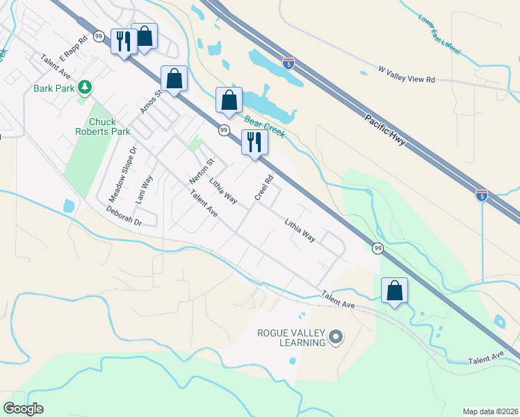 map of restaurants, bars, coffee shops, grocery stores, and more near 1404 Lithia Way in Talent