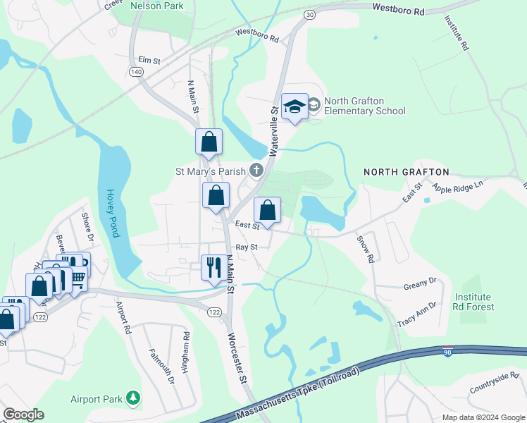 map of restaurants, bars, coffee shops, grocery stores, and more near 5 Prospect Street in Grafton