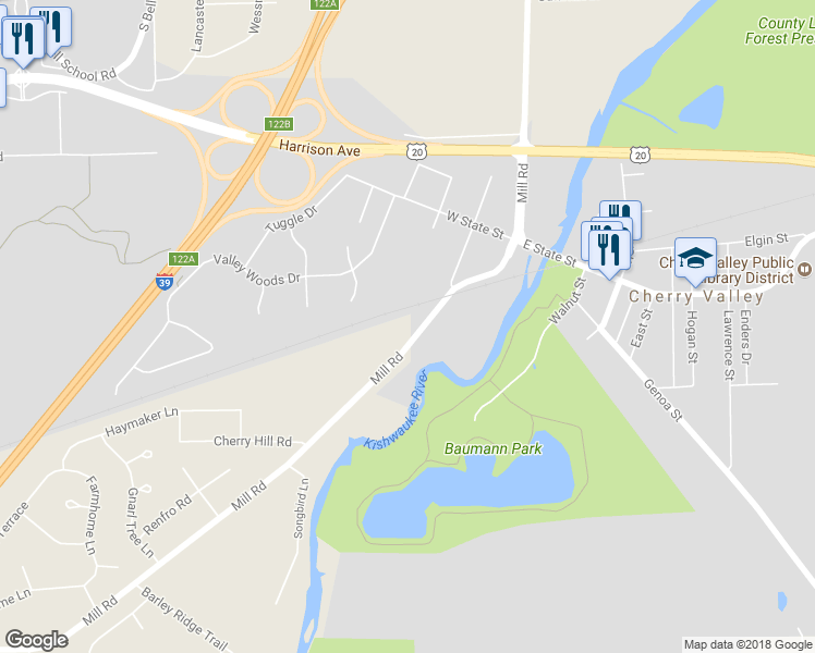 map of restaurants, bars, coffee shops, grocery stores, and more near 3351 Mill Road in Cherry Valley