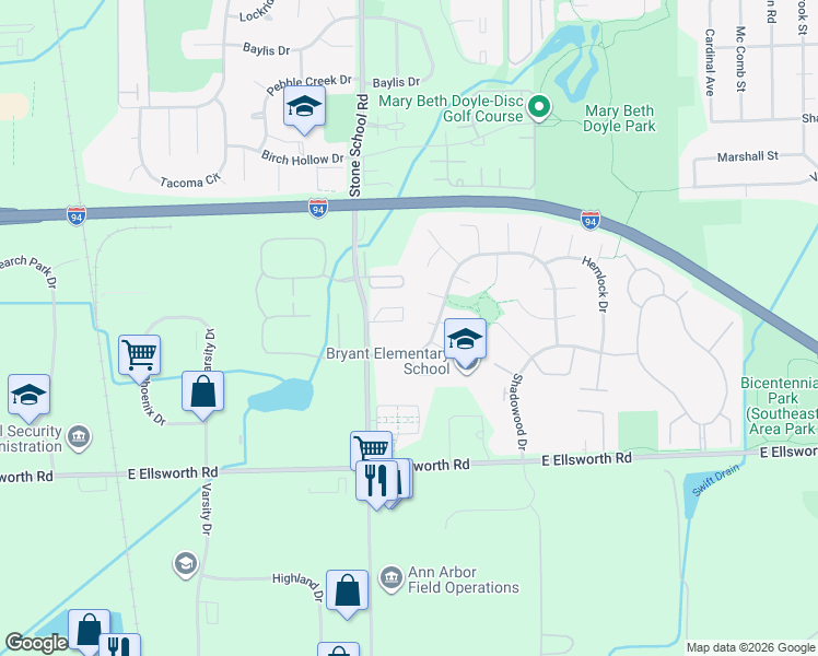 map of restaurants, bars, coffee shops, grocery stores, and more near 2150 Stone School Circle in Ann Arbor