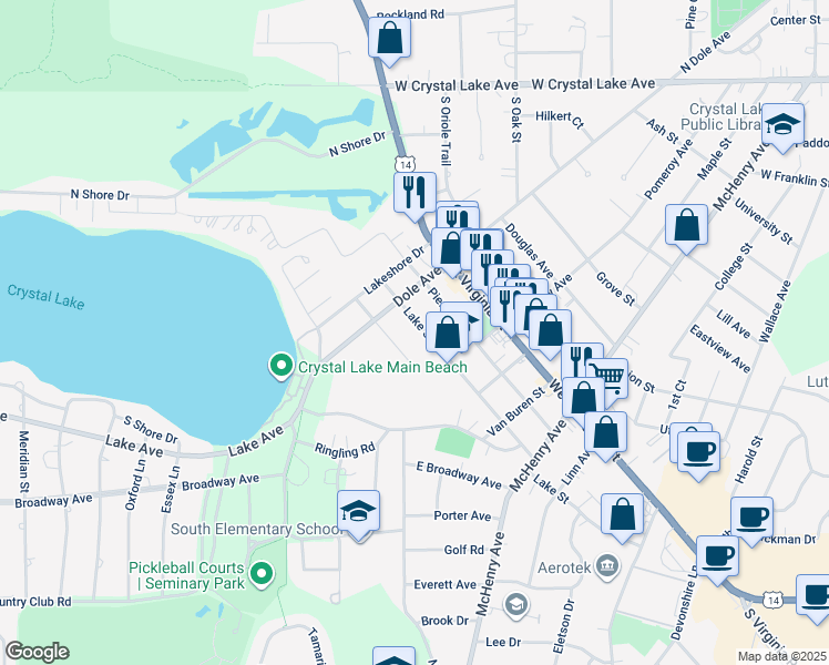 map of restaurants, bars, coffee shops, grocery stores, and more near 503 Lake Street in Crystal Lake