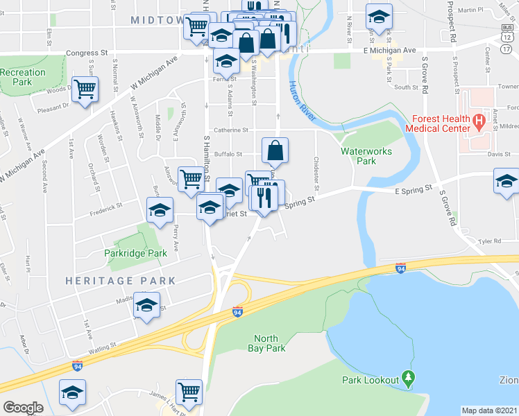 map of restaurants, bars, coffee shops, grocery stores, and more near 454 South Huron Street in Ypsilanti