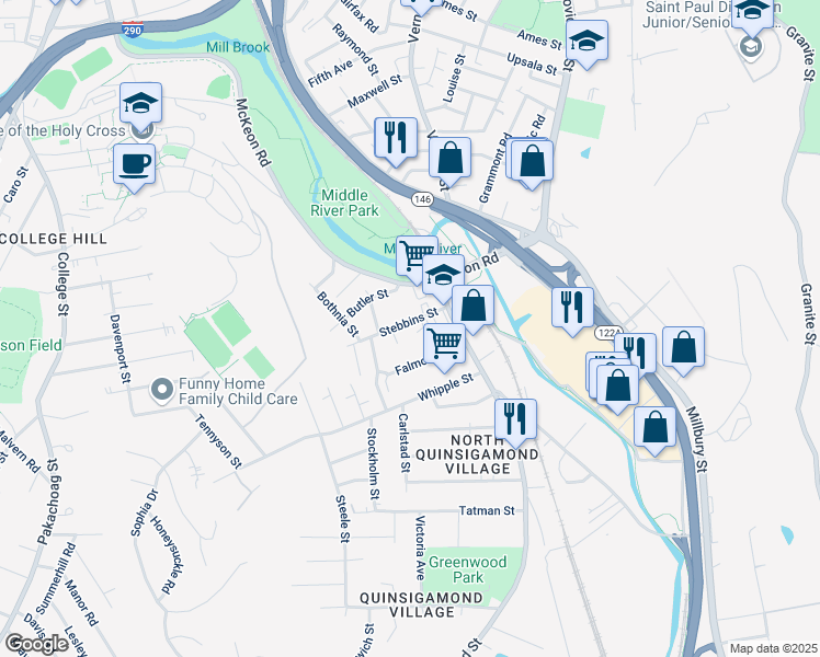 map of restaurants, bars, coffee shops, grocery stores, and more near 19 Stebbins Street in Worcester