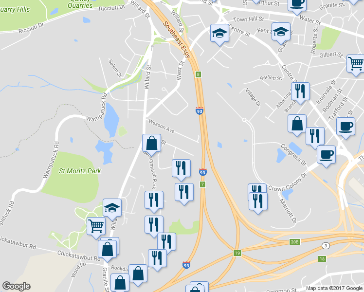 map of restaurants, bars, coffee shops, grocery stores, and more near 74 Ames Street in Quincy