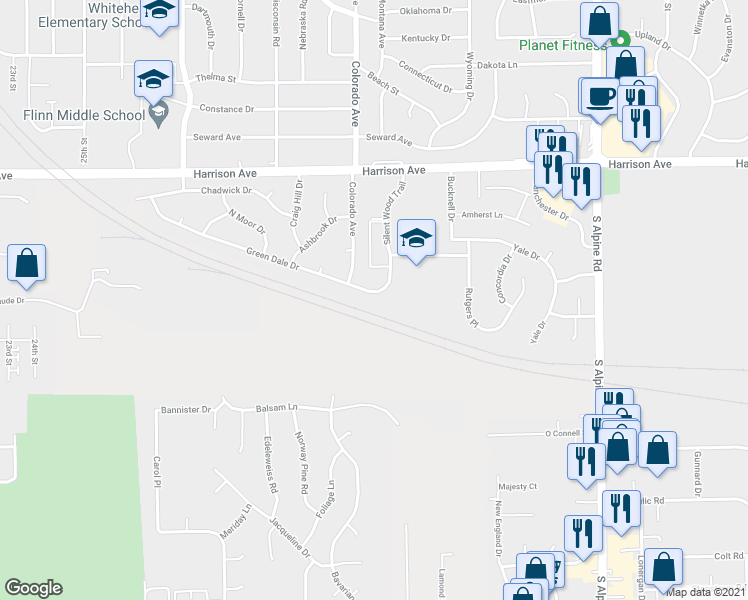 map of restaurants, bars, coffee shops, grocery stores, and more near 3519 Green Dale Drive in Rockford