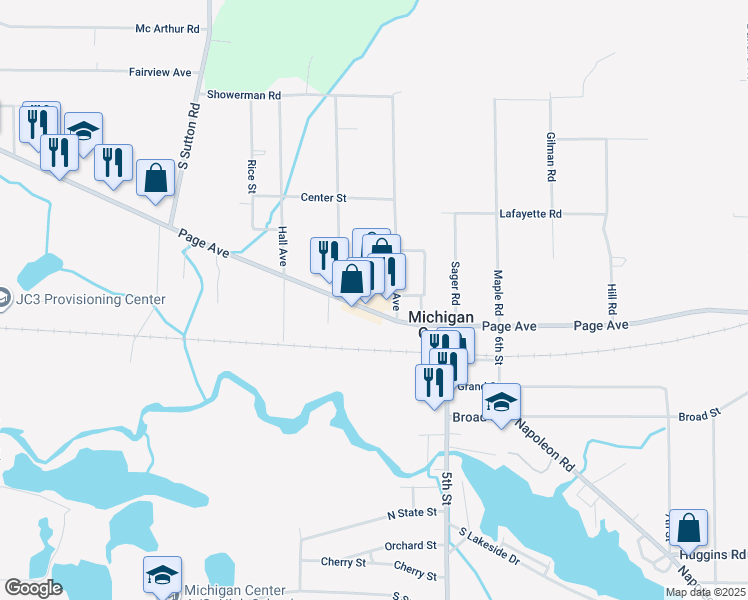 map of restaurants, bars, coffee shops, grocery stores, and more near 4532 Page Avenue in Michigan Center
