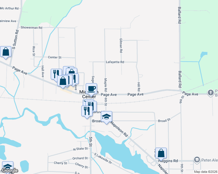 map of restaurants, bars, coffee shops, grocery stores, and more near 127 Maple Road in Michigan Center