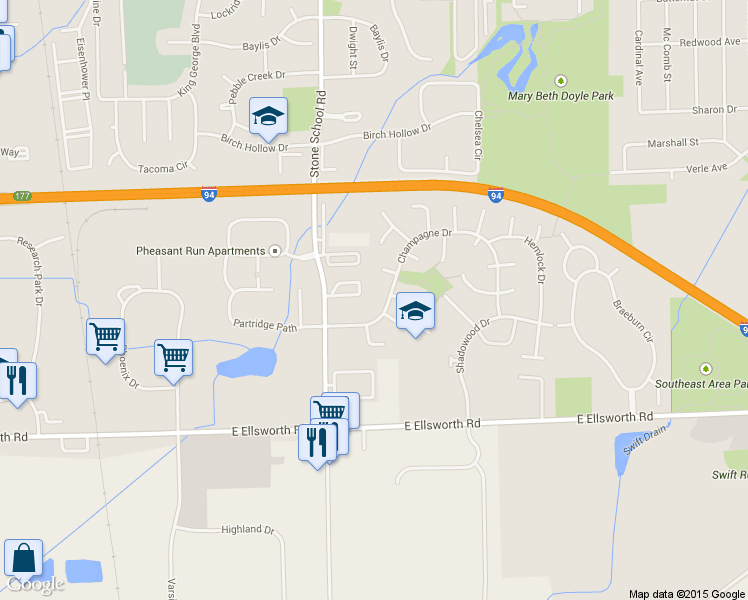 map of restaurants, bars, coffee shops, grocery stores, and more near 2063 Champagne Drive in Ann Arbor