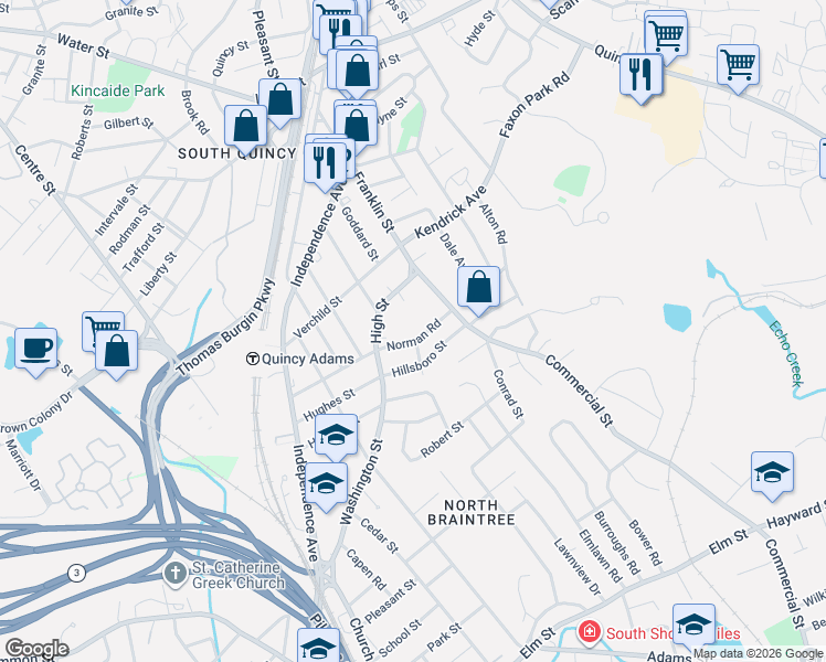 map of restaurants, bars, coffee shops, grocery stores, and more near 35 Norman Road in Quincy