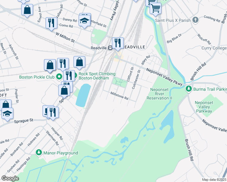map of restaurants, bars, coffee shops, grocery stores, and more near 30 Millstone Road in Boston