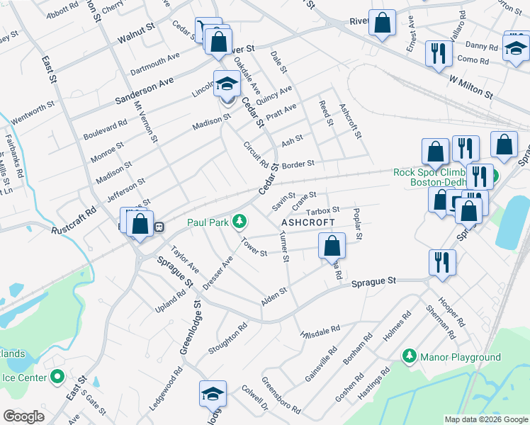 map of restaurants, bars, coffee shops, grocery stores, and more near 18 Turner Street in Dedham