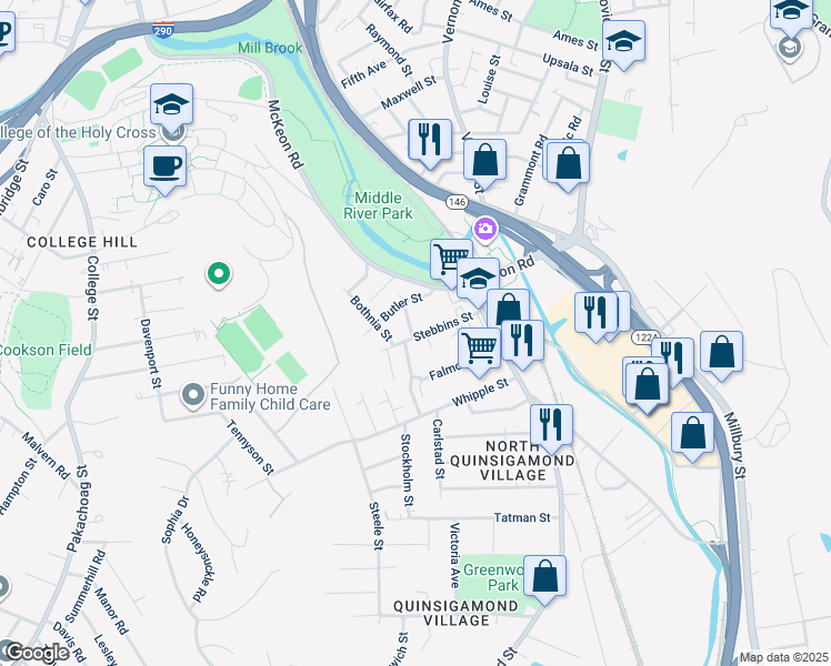 map of restaurants, bars, coffee shops, grocery stores, and more near 38 Stebbins Street in Worcester