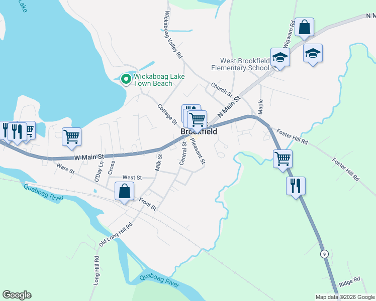 map of restaurants, bars, coffee shops, grocery stores, and more near 15 Central Street in West Brookfield