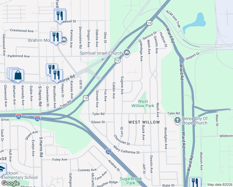 map of restaurants, bars, coffee shops, grocery stores, and more near 720 Calder Avenue in Ypsilanti