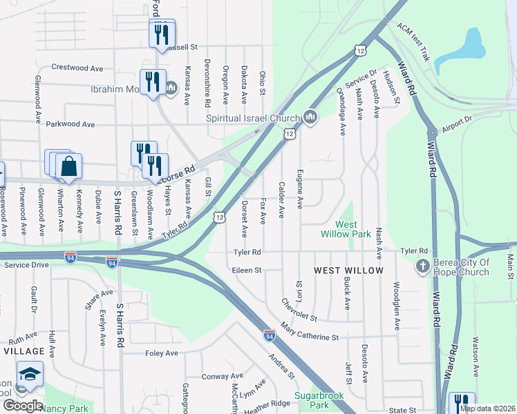 map of restaurants, bars, coffee shops, grocery stores, and more near 720 Fox Avenue in Ypsilanti