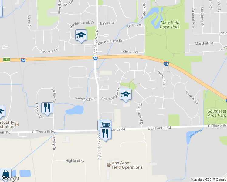 map of restaurants, bars, coffee shops, grocery stores, and more near 2150 Stone School Circle in Ann Arbor