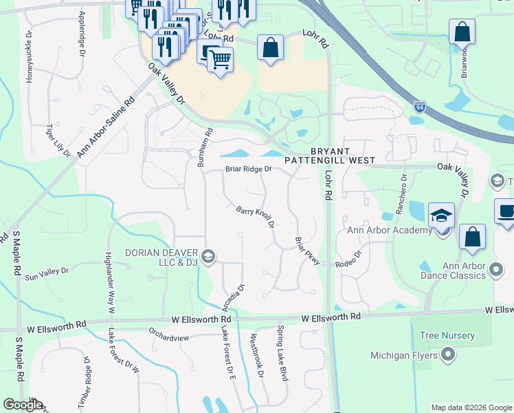 map of restaurants, bars, coffee shops, grocery stores, and more near 3641 Barry Knoll Drive in Ann Arbor