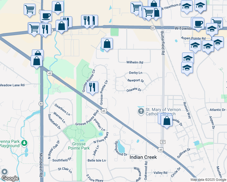 map of restaurants, bars, coffee shops, grocery stores, and more near 1233 Orleans Drive in Mundelein