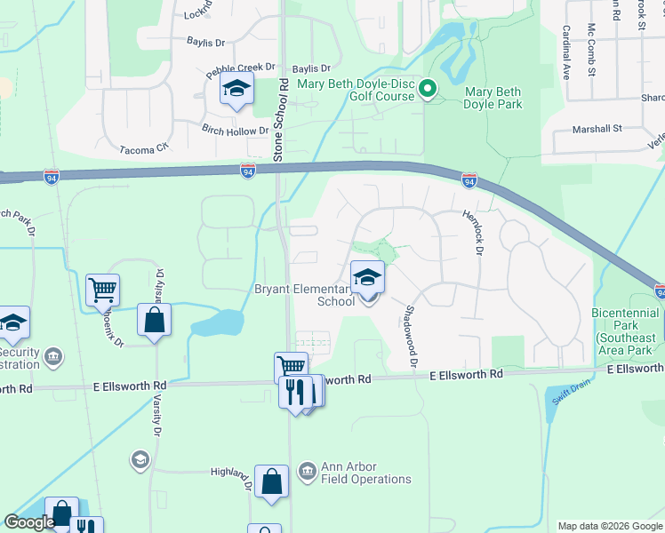 map of restaurants, bars, coffee shops, grocery stores, and more near 2150 Stone School Circle in Ann Arbor