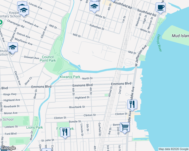 map of restaurants, bars, coffee shops, grocery stores, and more near 354 North Drive in Wyandotte