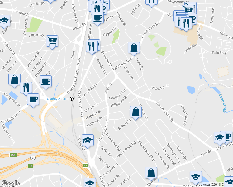 map of restaurants, bars, coffee shops, grocery stores, and more near 35 Norman Road in Quincy