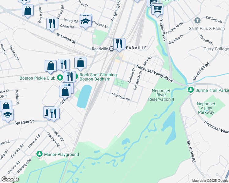 map of restaurants, bars, coffee shops, grocery stores, and more near 30 Millstone Road in Boston
