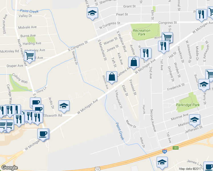 map of restaurants, bars, coffee shops, grocery stores, and more near 323 Wilson Avenue in Ypsilanti