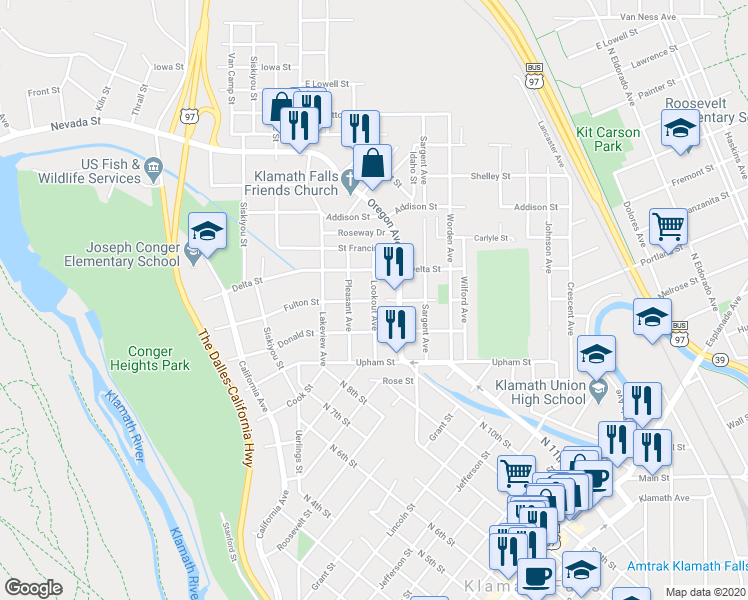 map of restaurants, bars, coffee shops, grocery stores, and more near 1500 Lookout Avenue in Klamath Falls