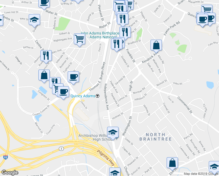 map of restaurants, bars, coffee shops, grocery stores, and more near 107 Verchild Street in Quincy