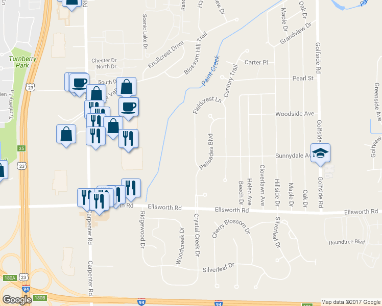 map of restaurants, bars, coffee shops, grocery stores, and more near 3814 Fieldcrest Lane in Ypsilanti