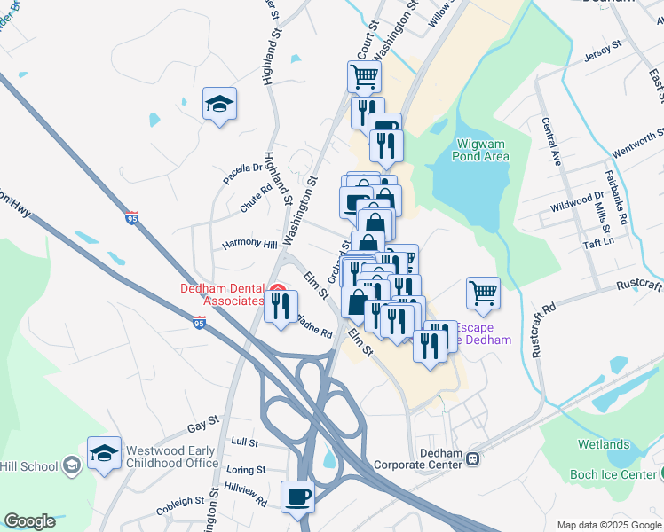 map of restaurants, bars, coffee shops, grocery stores, and more near 32 Orchard Street in Dedham