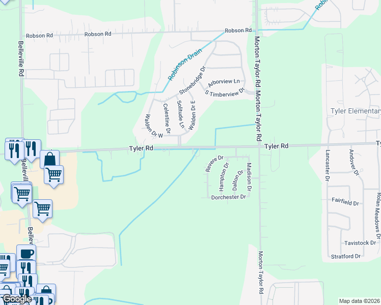 map of restaurants, bars, coffee shops, grocery stores, and more near 44003 Tyler Road in Belleville