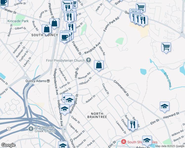 map of restaurants, bars, coffee shops, grocery stores, and more near 313 Franklin Street in Quincy