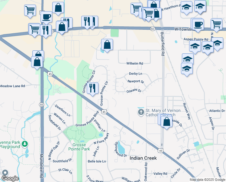 map of restaurants, bars, coffee shops, grocery stores, and more near 1233 Orleans Drive in Mundelein