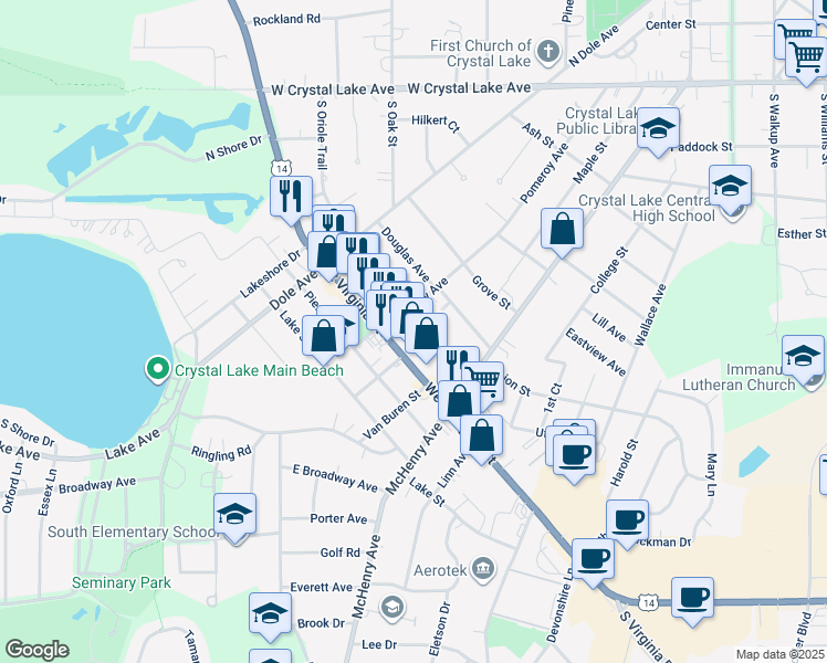 map of restaurants, bars, coffee shops, grocery stores, and more near 375 S Oriole Trail in Crystal Lake