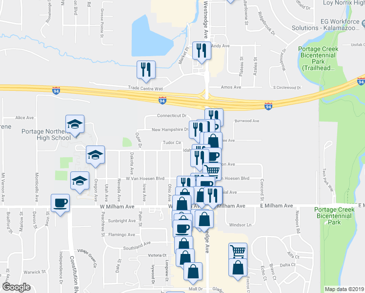 map of restaurants, bars, coffee shops, grocery stores, and more near 201 Tudor Circle in Portage