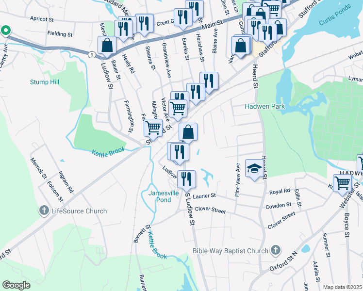 map of restaurants, bars, coffee shops, grocery stores, and more near 40 James Street in Worcester
