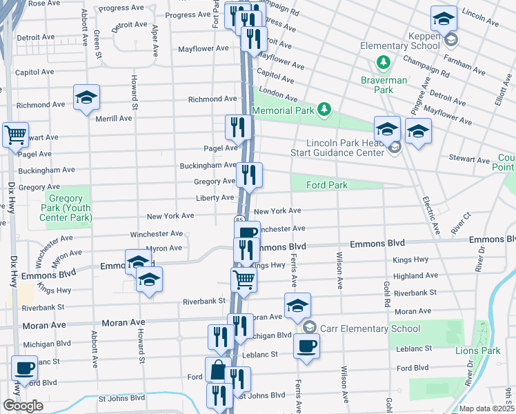 map of restaurants, bars, coffee shops, grocery stores, and more near 1082 New York Avenue in Lincoln Park