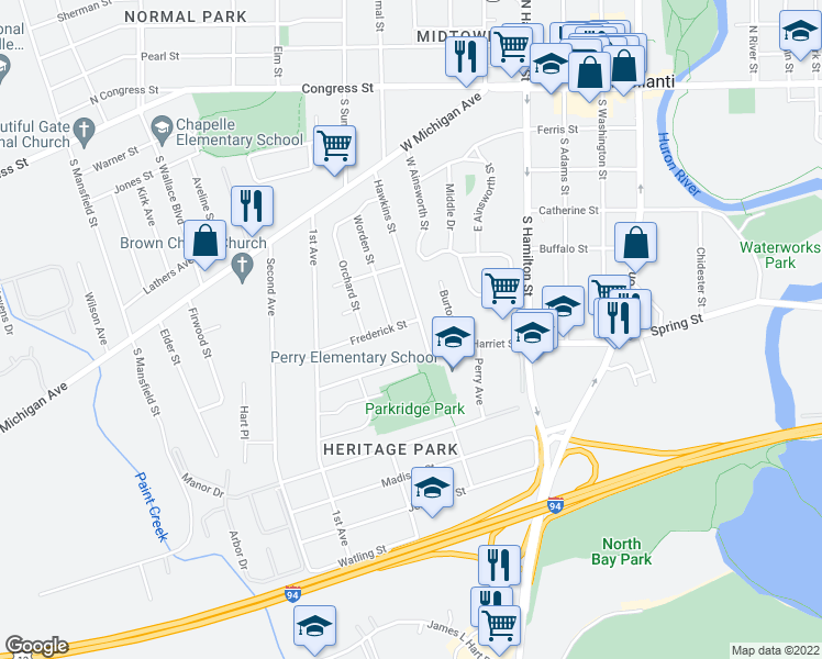 map of restaurants, bars, coffee shops, grocery stores, and more near 805 Frederick Street in Ypsilanti
