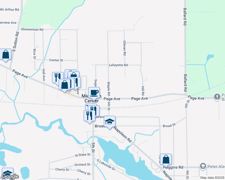 map of restaurants, bars, coffee shops, grocery stores, and more near 127 Maple Road in Michigan Center