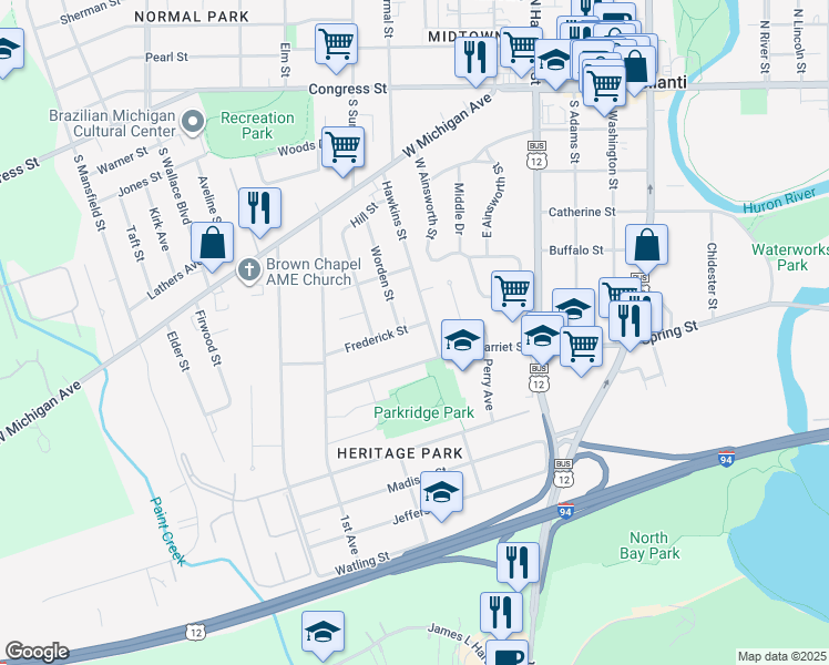 map of restaurants, bars, coffee shops, grocery stores, and more near 813 Frederick Street in Ypsilanti