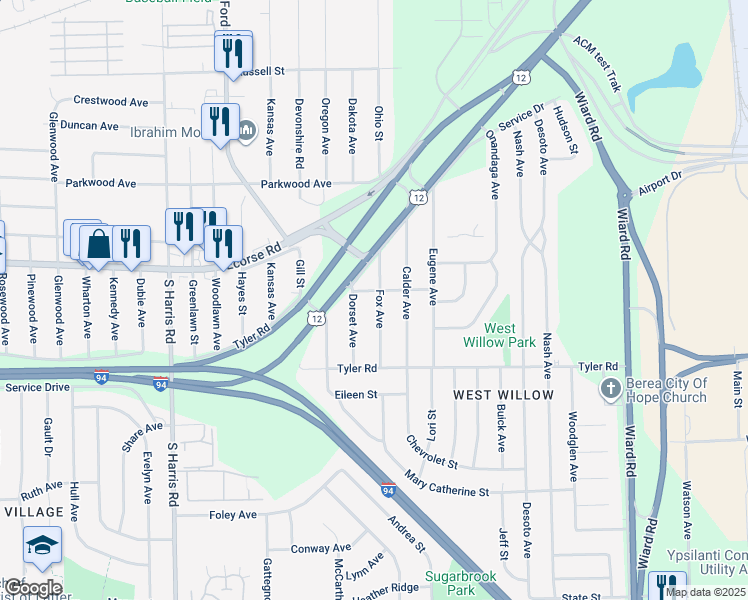 map of restaurants, bars, coffee shops, grocery stores, and more near 720 Fox Avenue in Ypsilanti