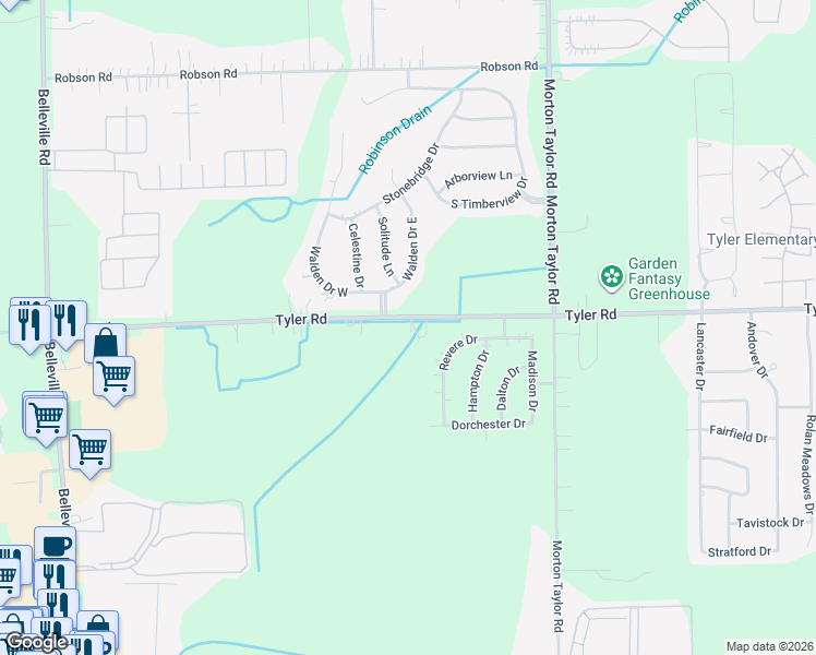 map of restaurants, bars, coffee shops, grocery stores, and more near 44003 Tyler Road in Wayne County